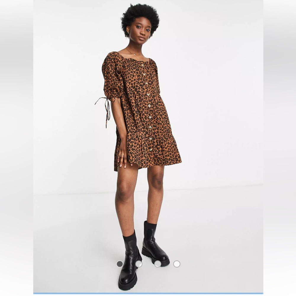 Leopard print button through tie puff sleeve dress